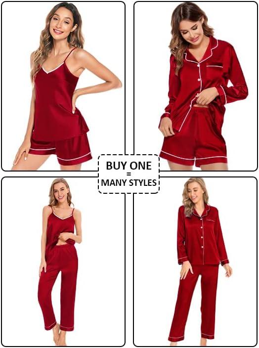 imageSWOMOG Womens 4pcs Pajamas Sets Silk Satin Pjs Sexy Cami Shorts Set Button Down Long Short Sleeve Sleepwear LoungewearRed