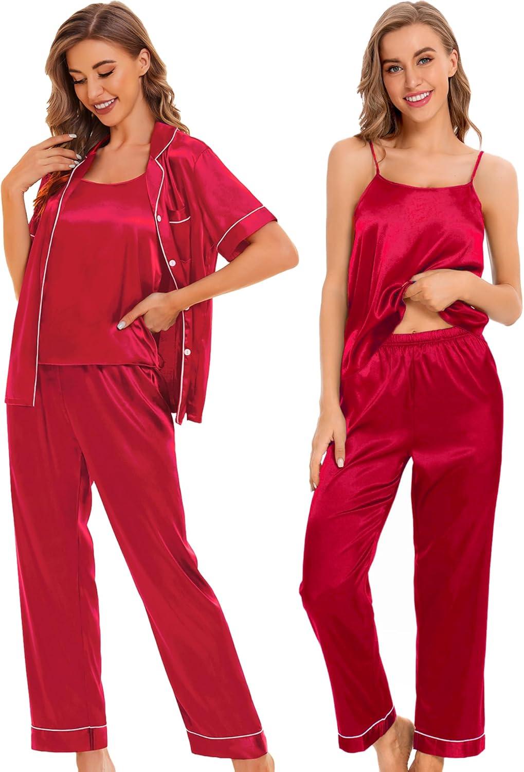 imageSWOMOG Womens 4pcs Pajamas Sets Silk Satin Pjs Sexy Cami Shorts Set Button Down Long Short Sleeve Sleepwear LoungewearRed