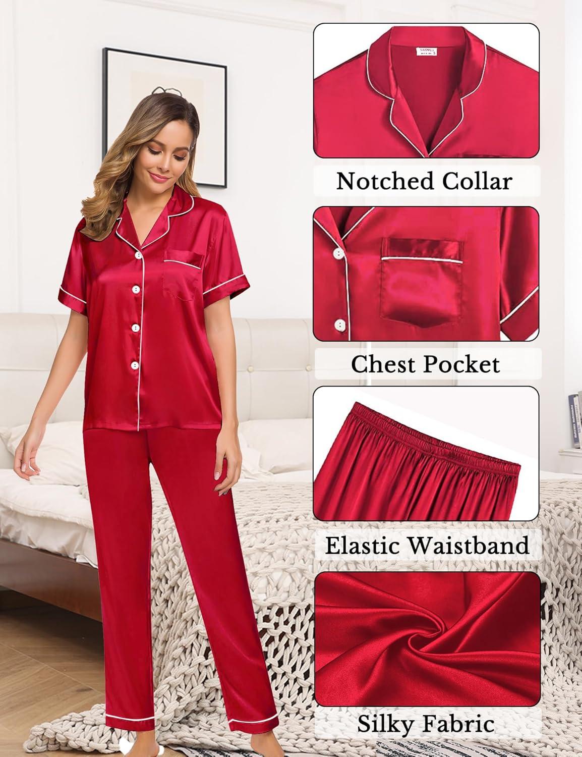 imageSWOMOG Womens 4pcs Pajamas Sets Silk Satin Pjs Sexy Cami Shorts Set Button Down Long Short Sleeve Sleepwear LoungewearRed