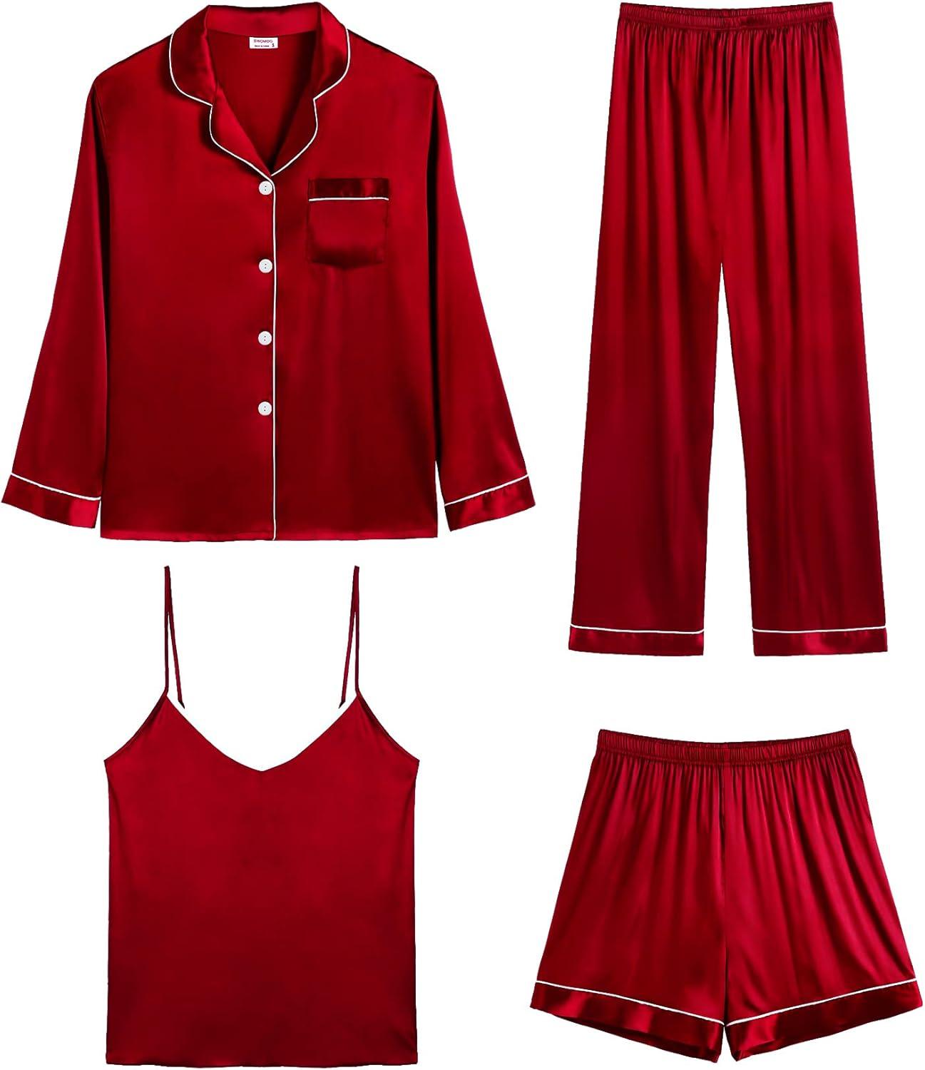 imageSWOMOG Womens 4pcs Pajamas Sets Silk Satin Pjs Sexy Cami Shorts Set Button Down Long Short Sleeve Sleepwear LoungewearRed
