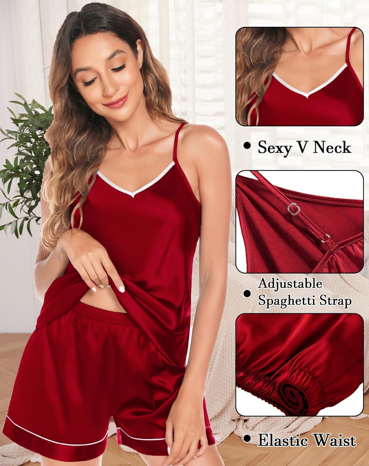 imageSWOMOG Womens 4pcs Pajamas Sets Silk Satin Pjs Sexy Cami Shorts Set Button Down Long Short Sleeve Sleepwear LoungewearRed