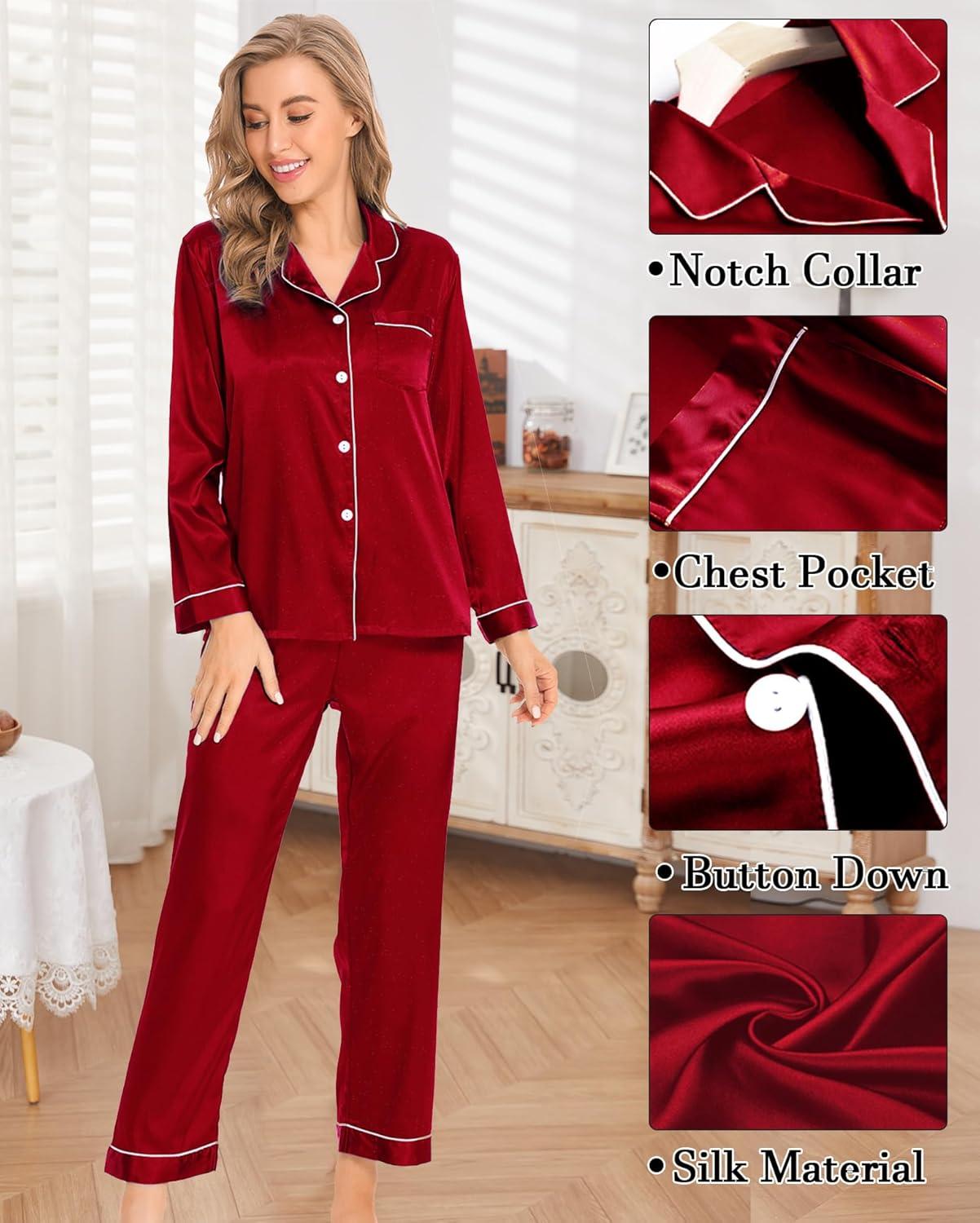 imageSWOMOG Womens 4pcs Pajamas Sets Silk Satin Pjs Sexy Cami Shorts Set Button Down Long Short Sleeve Sleepwear LoungewearRed