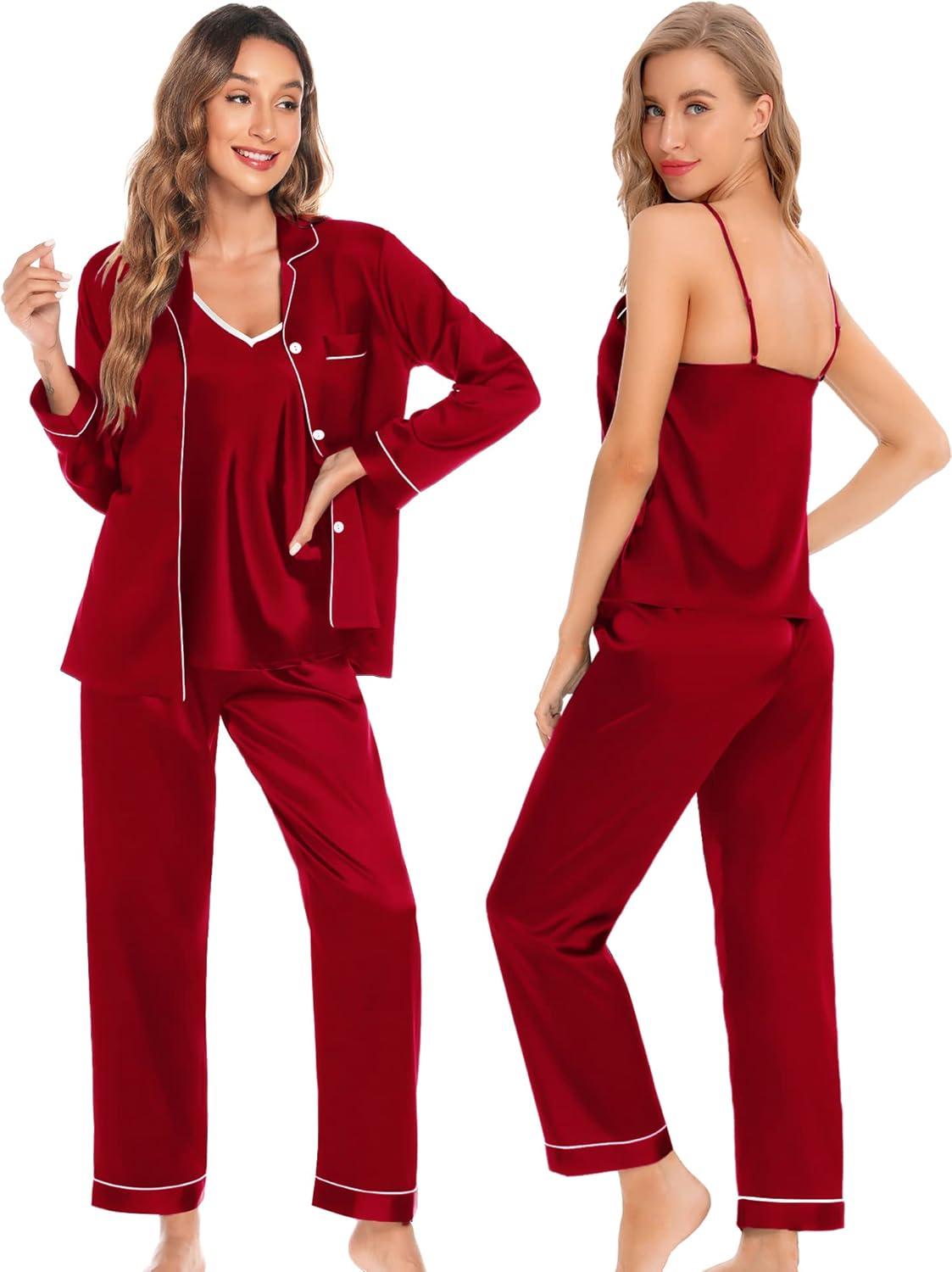 imageSWOMOG Womens 4pcs Pajamas Sets Silk Satin Pjs Sexy Cami Shorts Set Button Down Long Short Sleeve Sleepwear LoungewearRed
