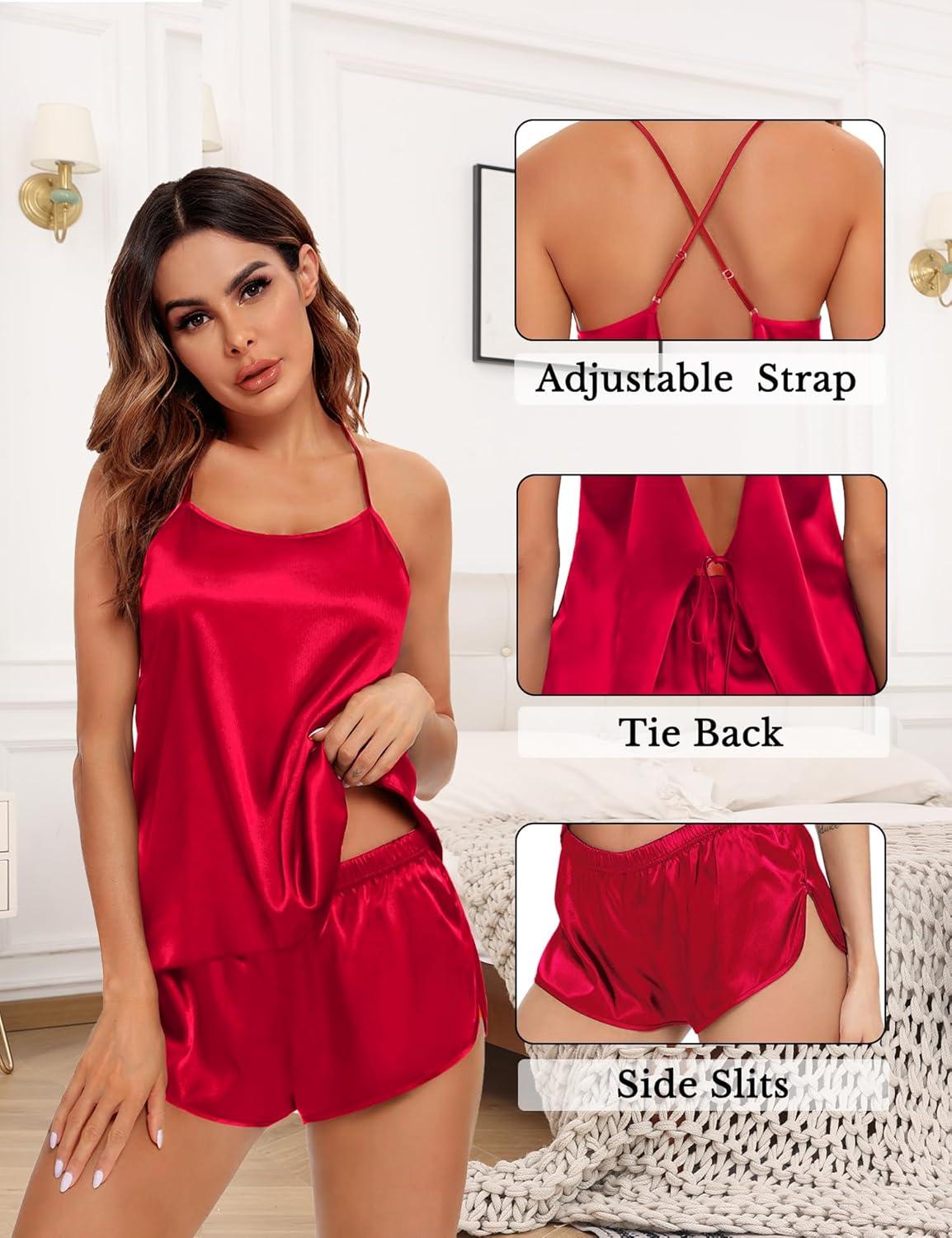 imageSWOMOG Womens 4pcs Pajamas Sets Silk Satin Pjs Sexy Cami Shorts Set Button Down Long Short Sleeve Sleepwear LoungewearRed