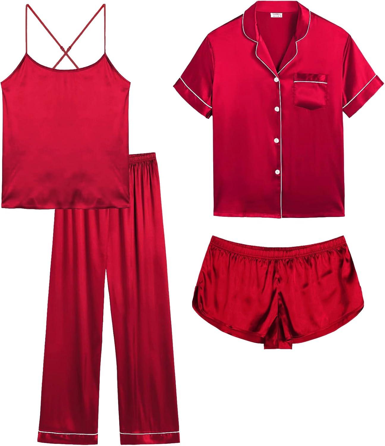 imageSWOMOG Womens 4pcs Pajamas Sets Silk Satin Pjs Sexy Cami Shorts Set Button Down Long Short Sleeve Sleepwear LoungewearRed