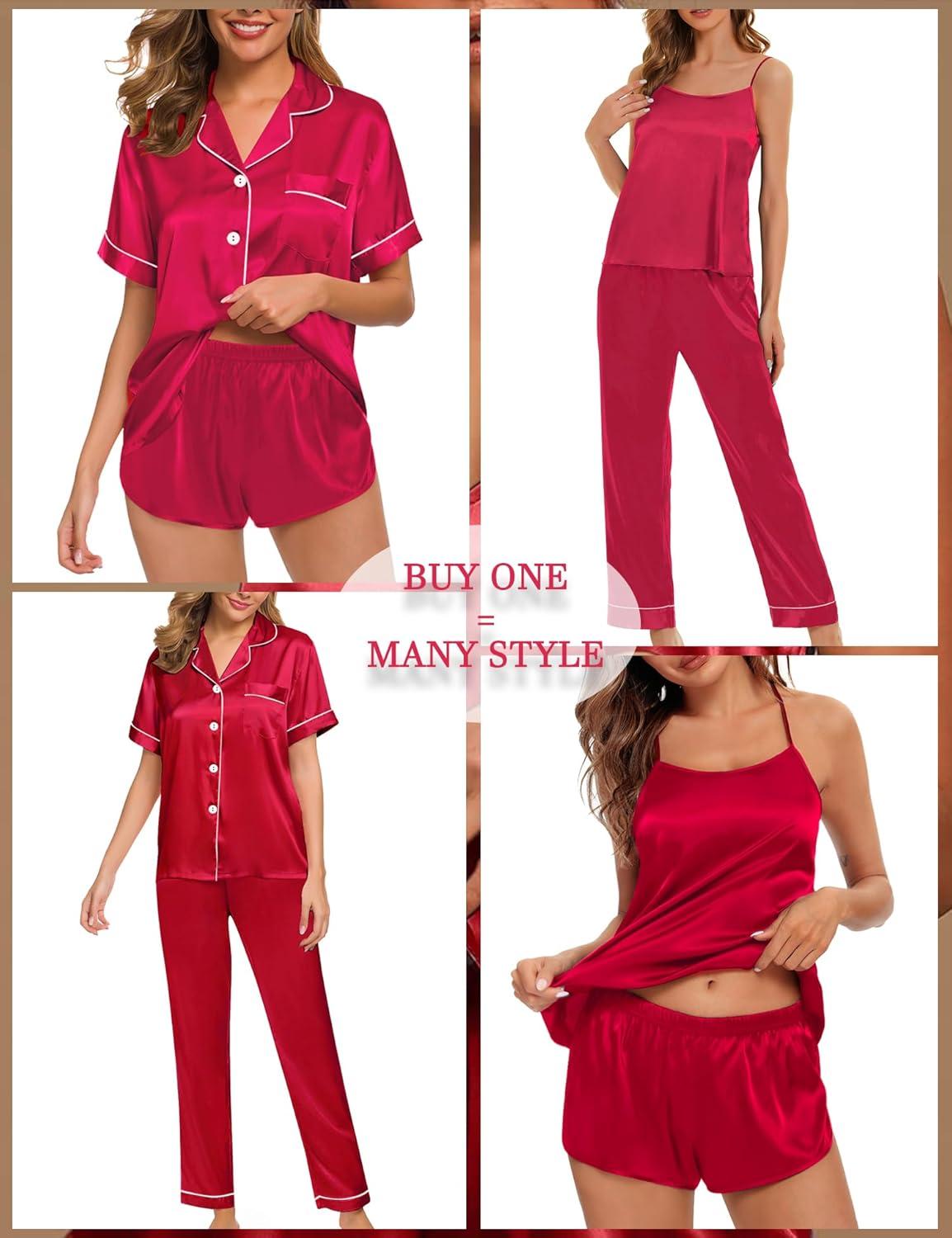 imageSWOMOG Womens 4pcs Pajamas Sets Silk Satin Pjs Sexy Cami Shorts Set Button Down Long Short Sleeve Sleepwear LoungewearRed