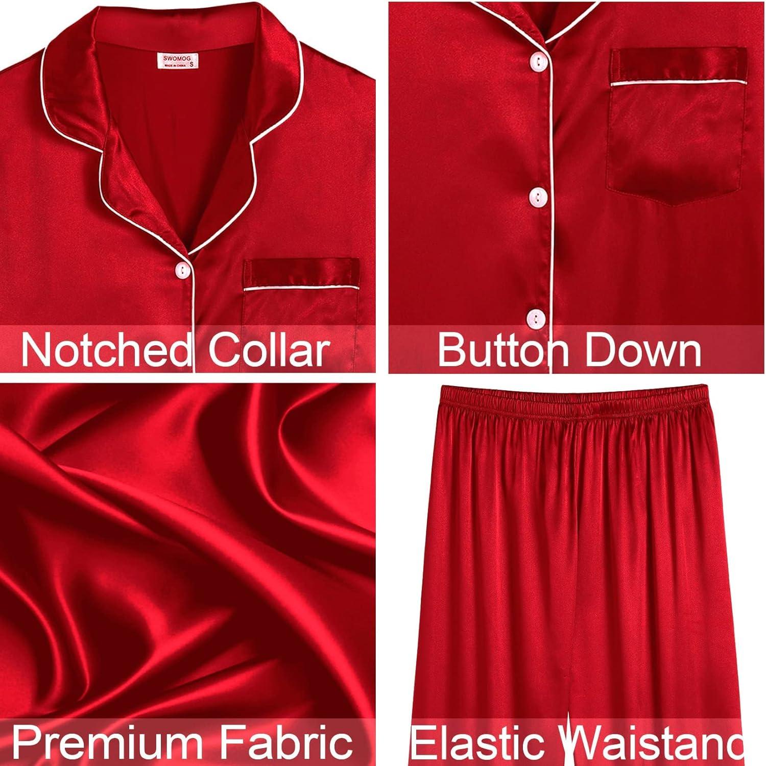imageSWOMOG Womens 4pcs Pajamas Sets Silk Satin Pjs Sexy Cami Shorts Set Button Down Long Short Sleeve Sleepwear LoungewearRed