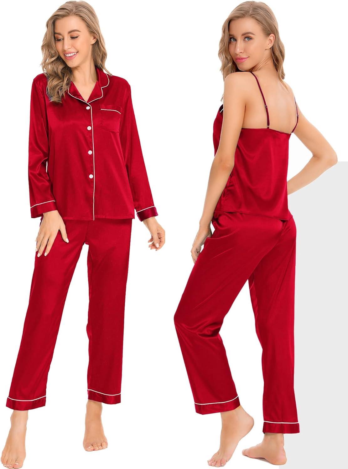 imageSWOMOG Womens 4pcs Pajamas Sets Silk Satin Pjs Sexy Cami Shorts Set Button Down Long Short Sleeve Sleepwear LoungewearRed