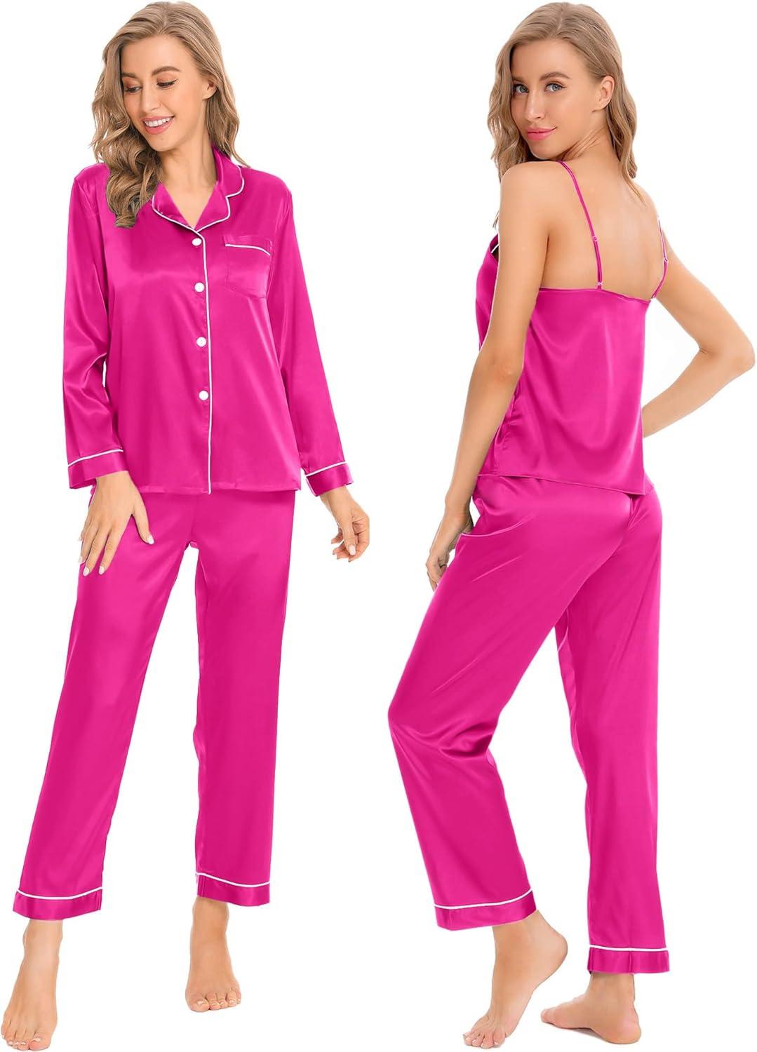 imageSWOMOG Womens 4pcs Pajamas Sets Silk Satin Pjs Sexy Cami Shorts Set Button Down Long Short Sleeve Sleepwear LoungewearRose Red