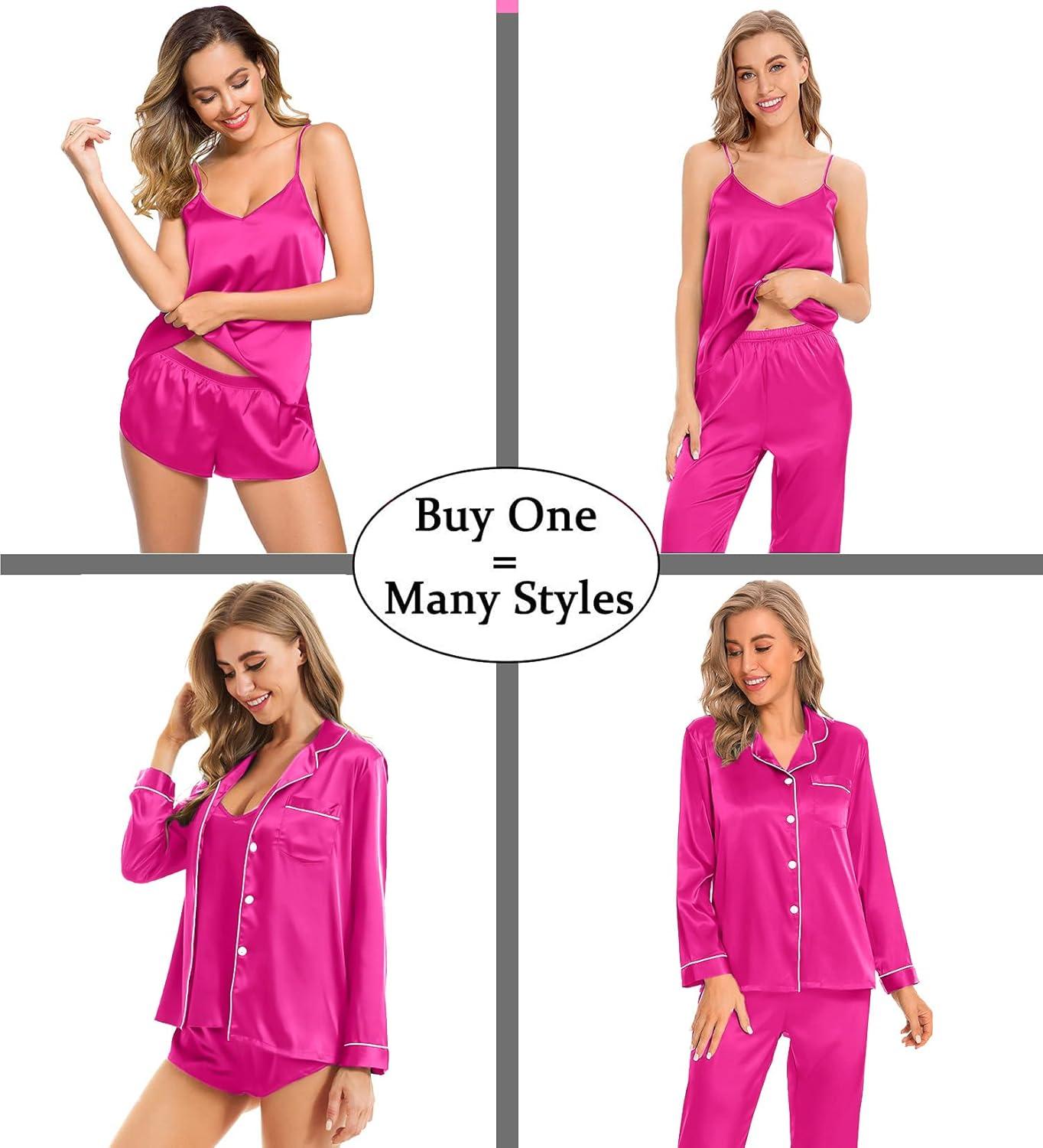imageSWOMOG Womens 4pcs Pajamas Sets Silk Satin Pjs Sexy Cami Shorts Set Button Down Long Short Sleeve Sleepwear LoungewearRose Red