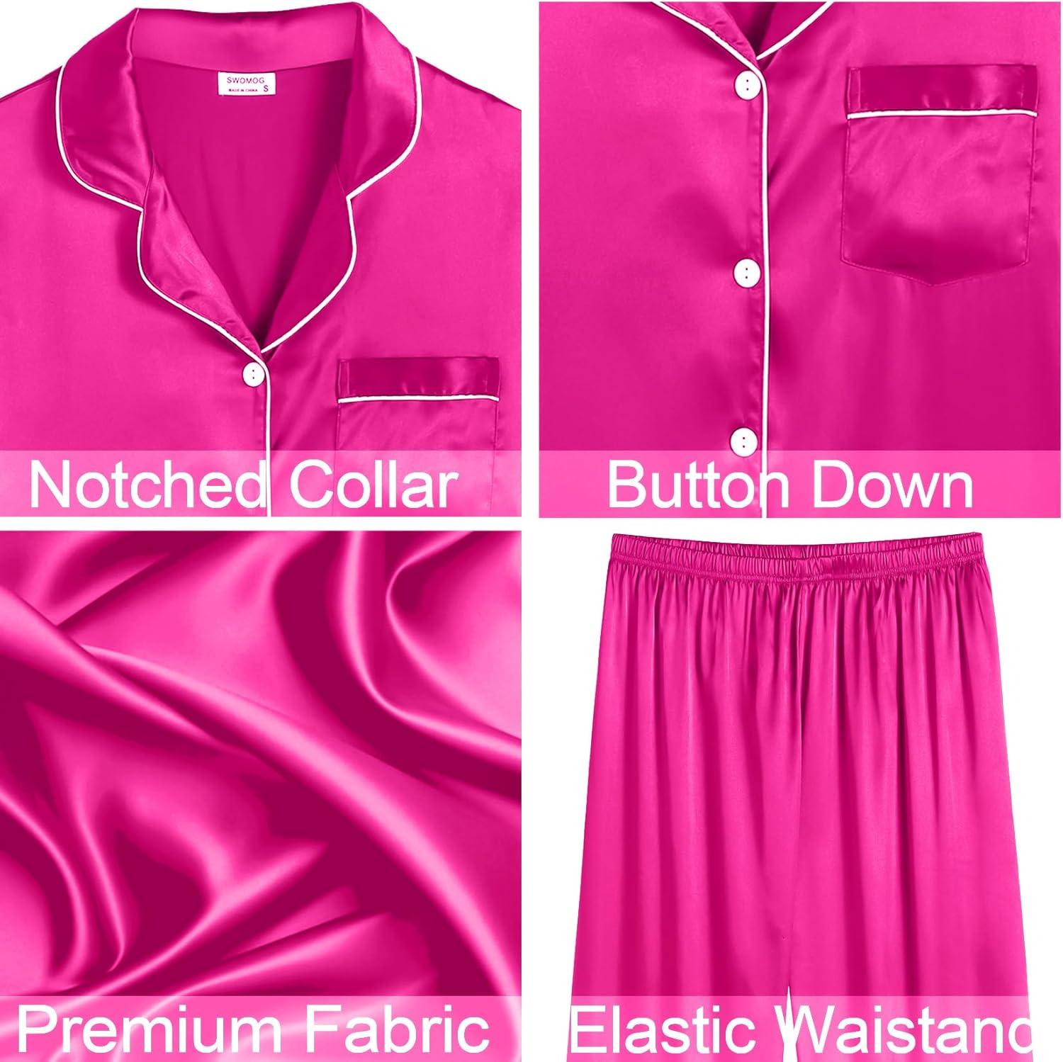 imageSWOMOG Womens 4pcs Pajamas Sets Silk Satin Pjs Sexy Cami Shorts Set Button Down Long Short Sleeve Sleepwear LoungewearRose Red