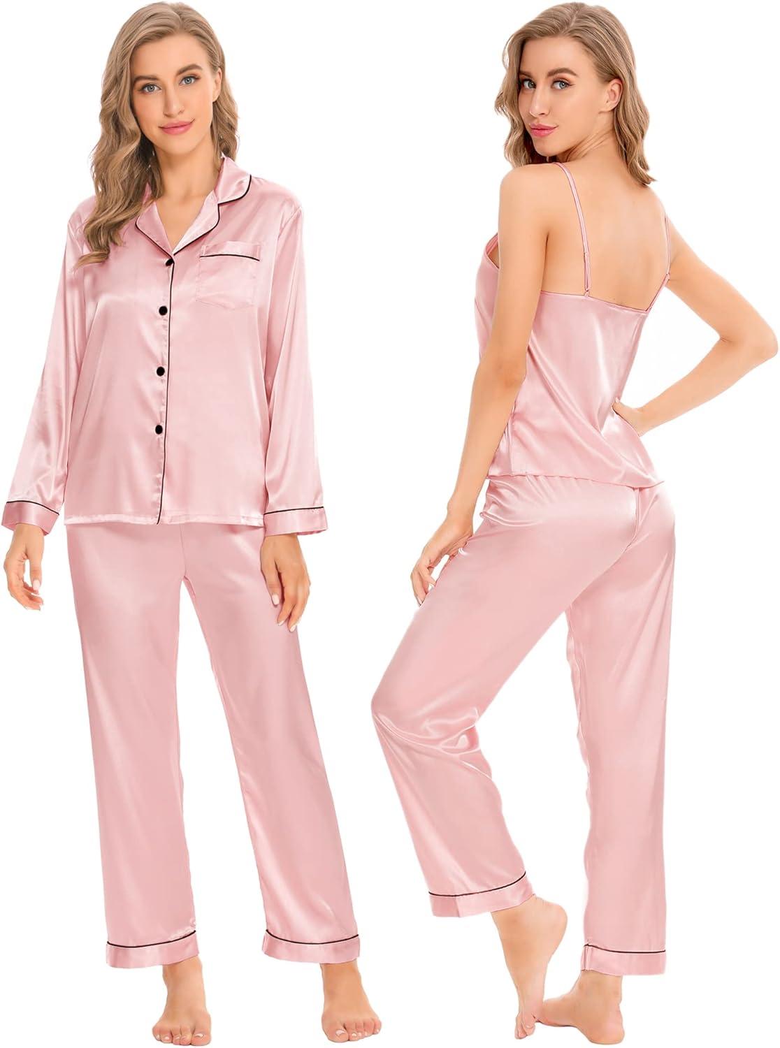 imageSWOMOG Womens 4pcs Pajamas Sets Silk Satin Pjs Sexy Cami Shorts Set Button Down Long Short Sleeve Sleepwear LoungewearSakura Pink