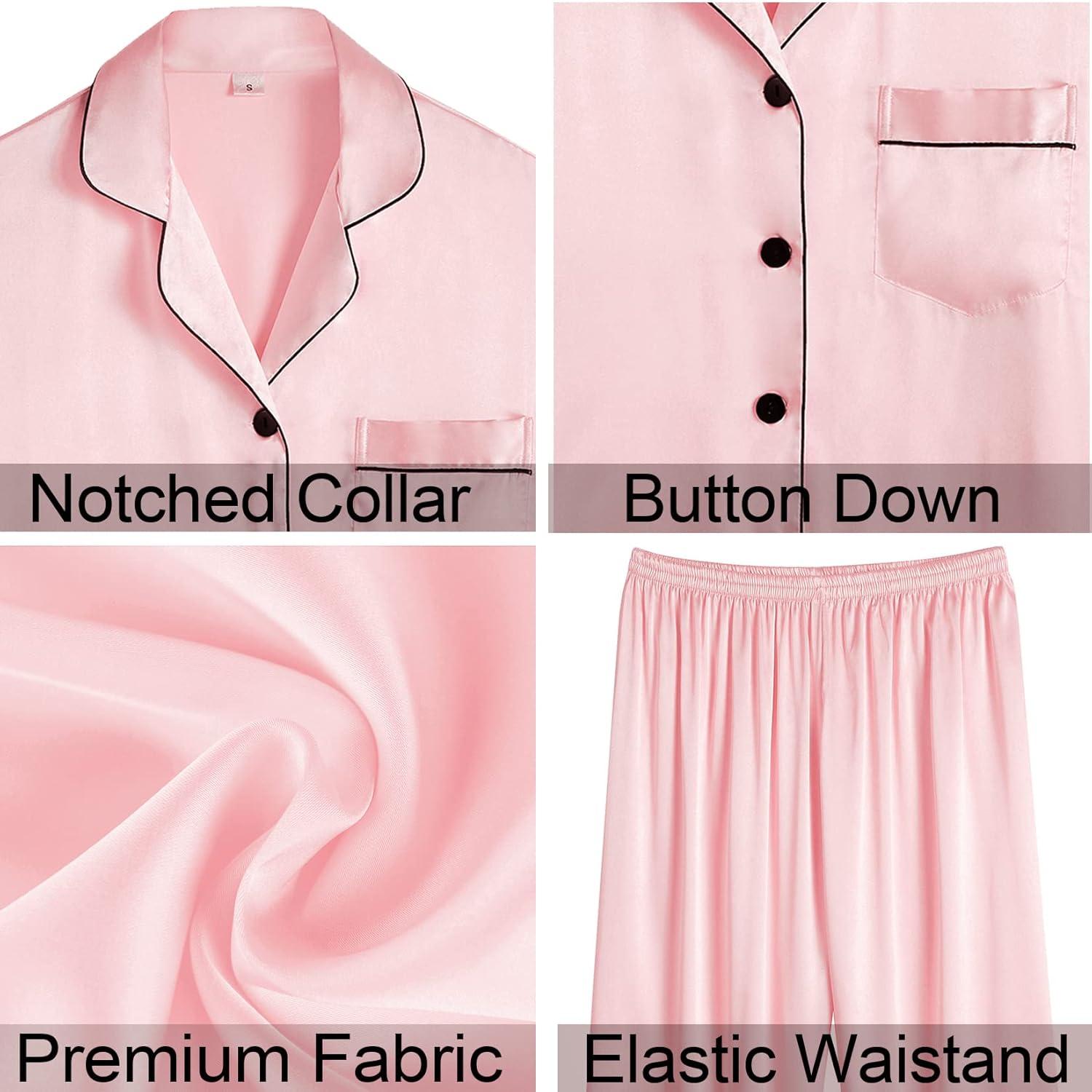 imageSWOMOG Womens 4pcs Pajamas Sets Silk Satin Pjs Sexy Cami Shorts Set Button Down Long Short Sleeve Sleepwear LoungewearSakura Pink