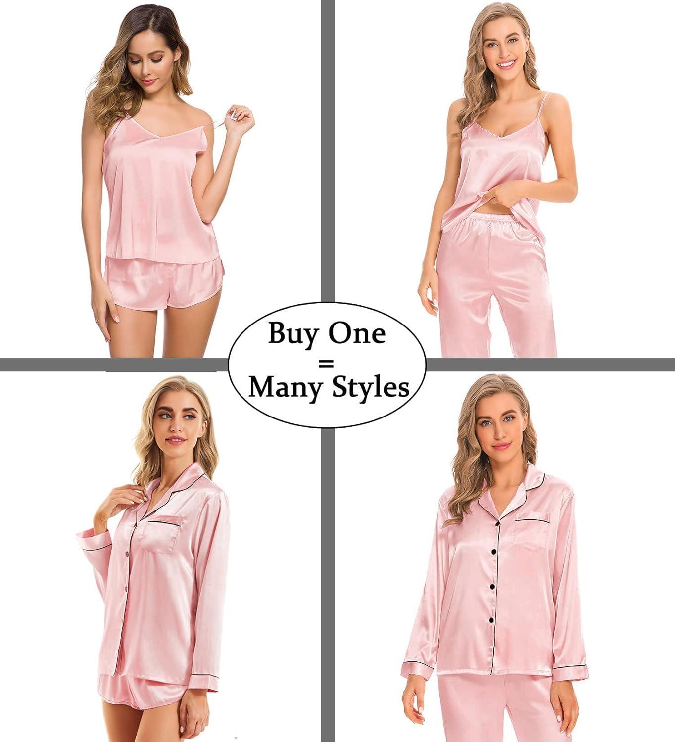 imageSWOMOG Womens 4pcs Pajamas Sets Silk Satin Pjs Sexy Cami Shorts Set Button Down Long Short Sleeve Sleepwear LoungewearSakura Pink