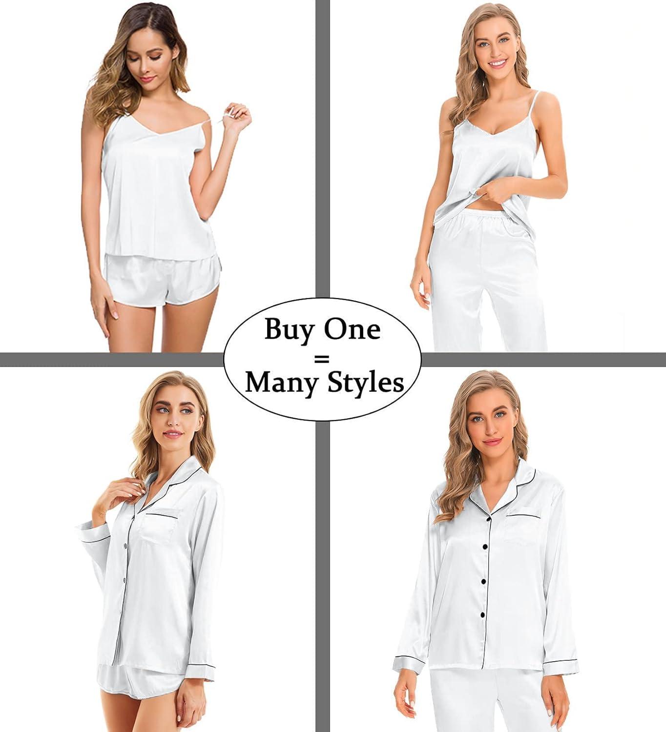 imageSWOMOG Womens 4pcs Pajamas Sets Silk Satin Pjs Sexy Cami Shorts Set Button Down Long Short Sleeve Sleepwear LoungewearWhite