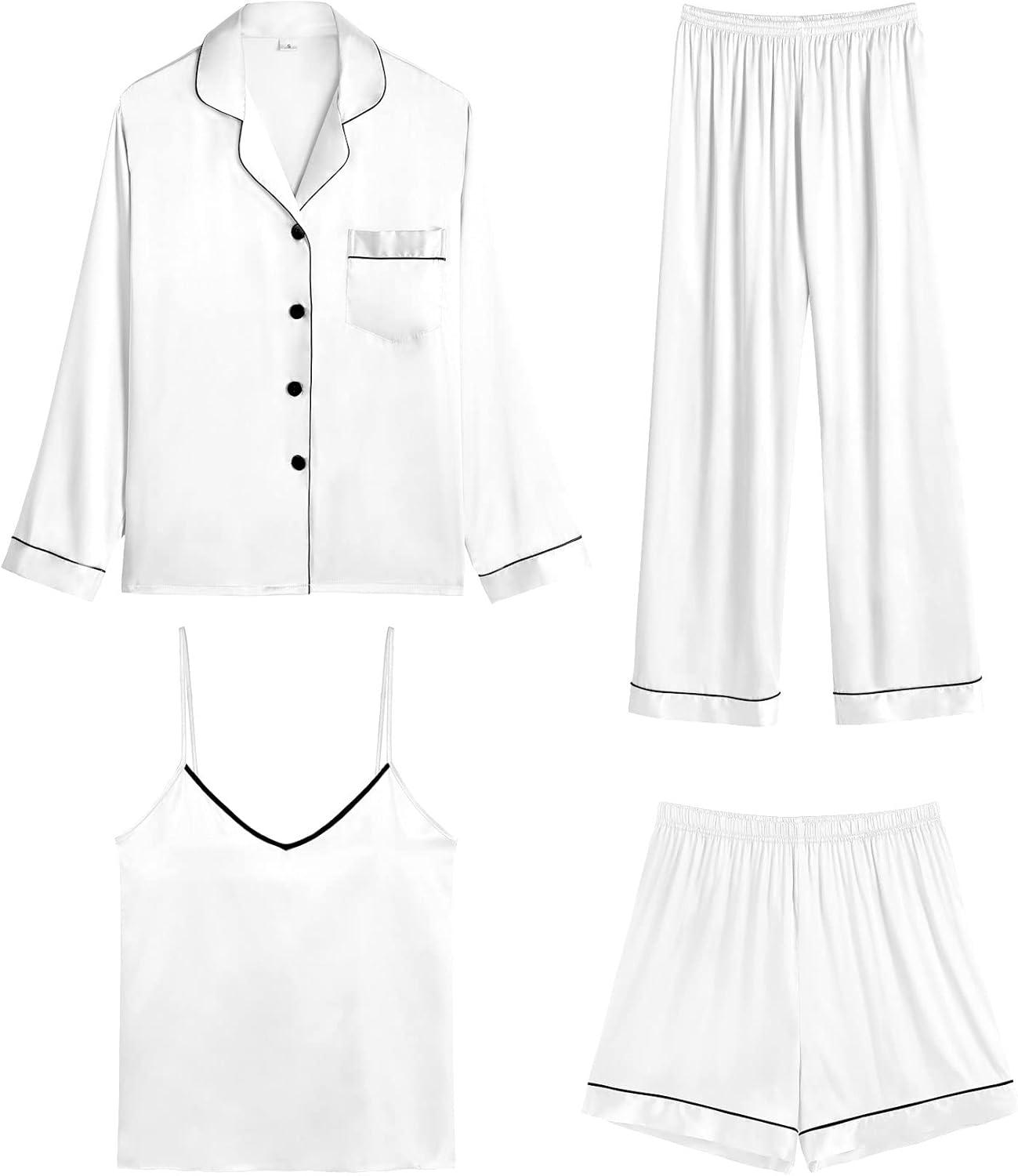 imageSWOMOG Womens 4pcs Pajamas Sets Silk Satin Pjs Sexy Cami Shorts Set Button Down Long Short Sleeve Sleepwear LoungewearWhite