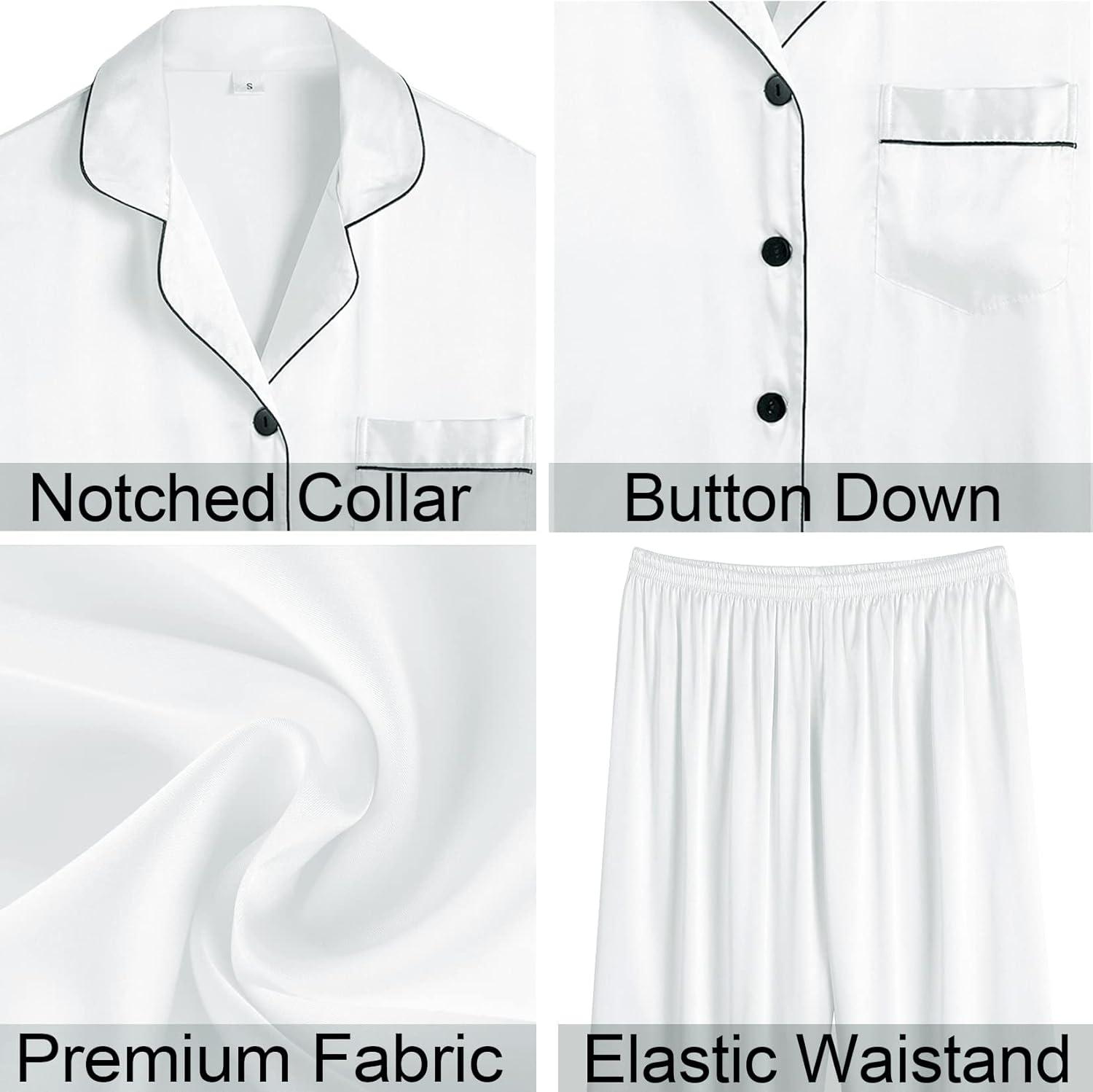 imageSWOMOG Womens 4pcs Pajamas Sets Silk Satin Pjs Sexy Cami Shorts Set Button Down Long Short Sleeve Sleepwear LoungewearWhite