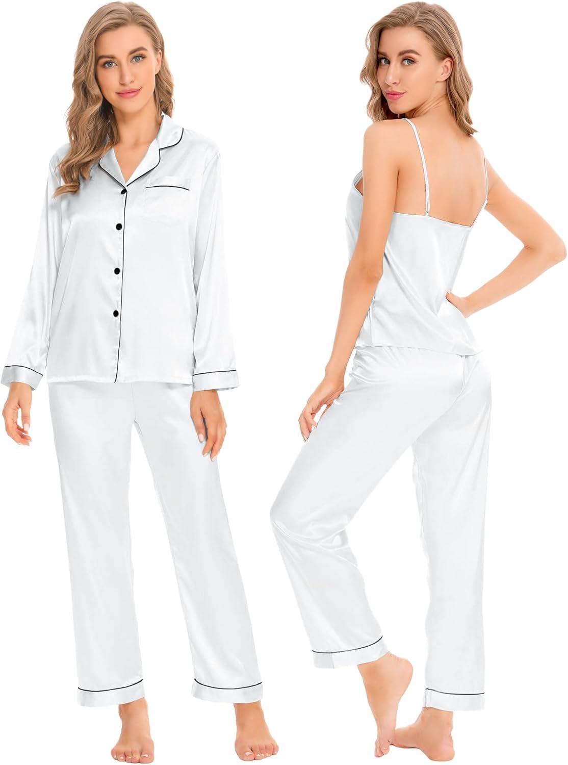 imageSWOMOG Womens 4pcs Pajamas Sets Silk Satin Pjs Sexy Cami Shorts Set Button Down Long Short Sleeve Sleepwear LoungewearWhite