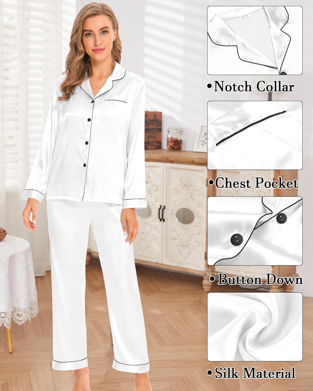 imageSWOMOG Womens 4pcs Pajamas Sets Silk Satin Pjs Sexy Cami Shorts Set Button Down Long Short Sleeve Sleepwear LoungewearWhite