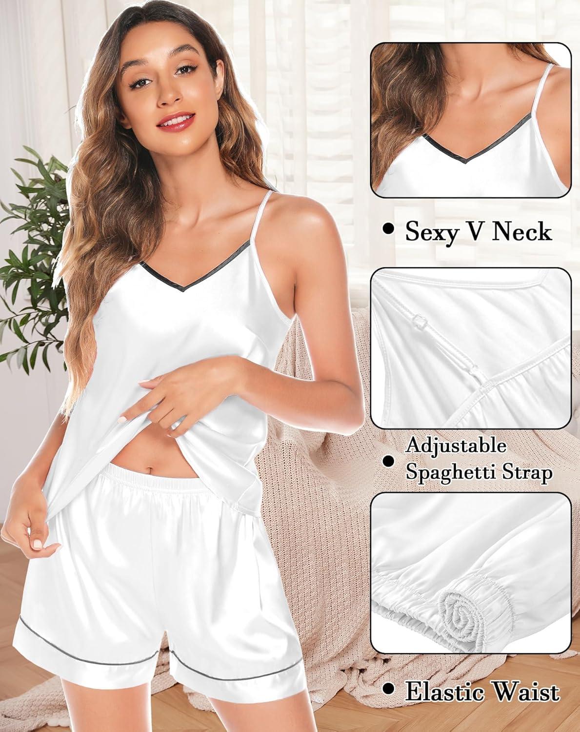 imageSWOMOG Womens 4pcs Pajamas Sets Silk Satin Pjs Sexy Cami Shorts Set Button Down Long Short Sleeve Sleepwear LoungewearWhite