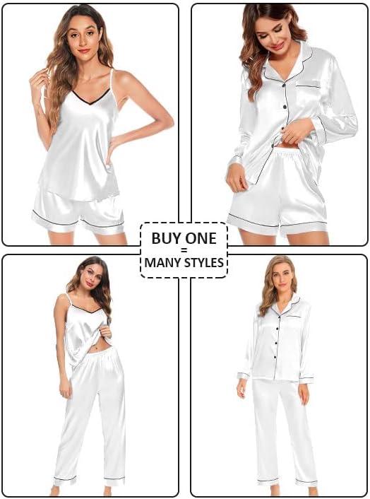 imageSWOMOG Womens 4pcs Pajamas Sets Silk Satin Pjs Sexy Cami Shorts Set Button Down Long Short Sleeve Sleepwear LoungewearWhite