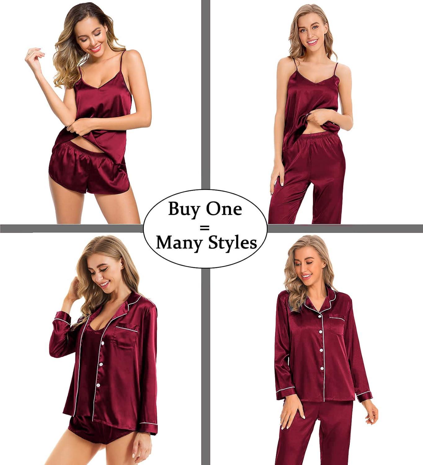 imageSWOMOG Womens 4pcs Pajamas Sets Silk Satin Pjs Sexy Cami Shorts Set Button Down Long Short Sleeve Sleepwear LoungewearWine Red