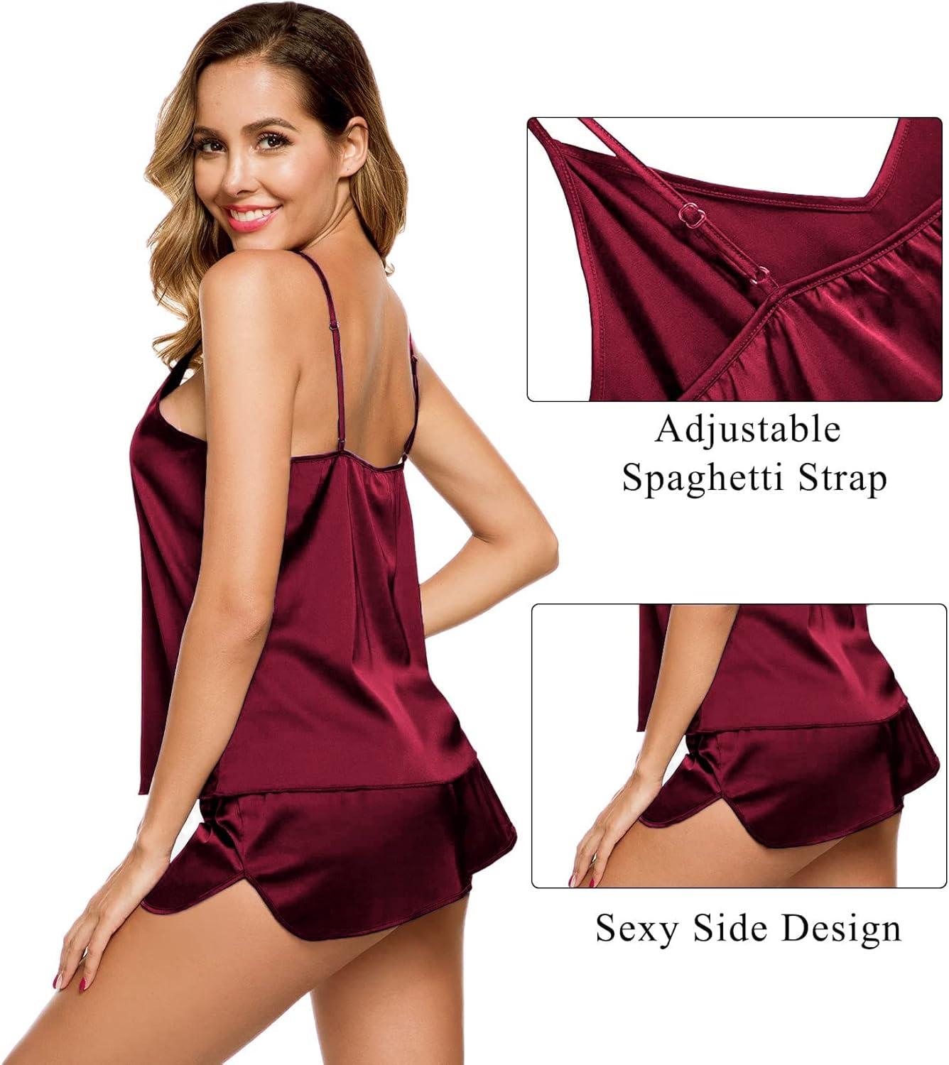 imageSWOMOG Womens 4pcs Pajamas Sets Silk Satin Pjs Sexy Cami Shorts Set Button Down Long Short Sleeve Sleepwear LoungewearWine Red