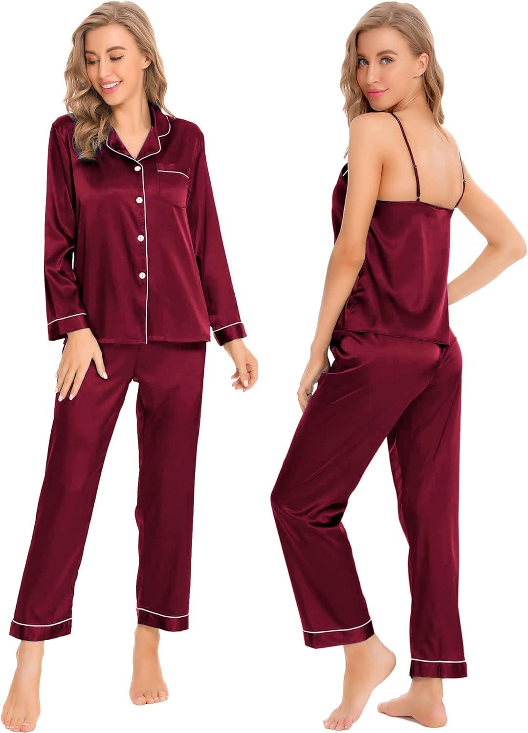 imageSWOMOG Womens 4pcs Pajamas Sets Silk Satin Pjs Sexy Cami Shorts Set Button Down Long Short Sleeve Sleepwear LoungewearWine Red
