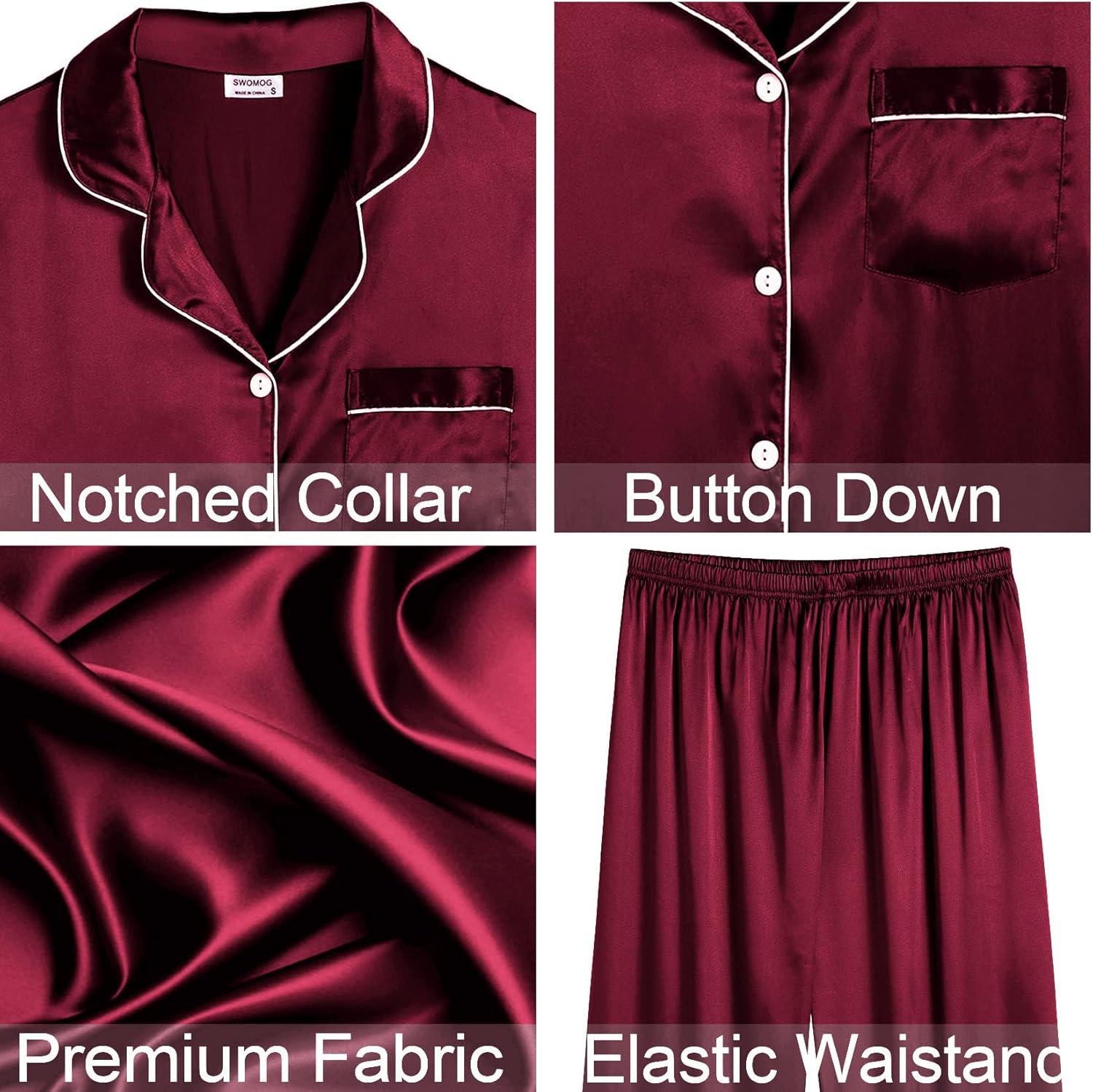 imageSWOMOG Womens 4pcs Pajamas Sets Silk Satin Pjs Sexy Cami Shorts Set Button Down Long Short Sleeve Sleepwear LoungewearWine Red