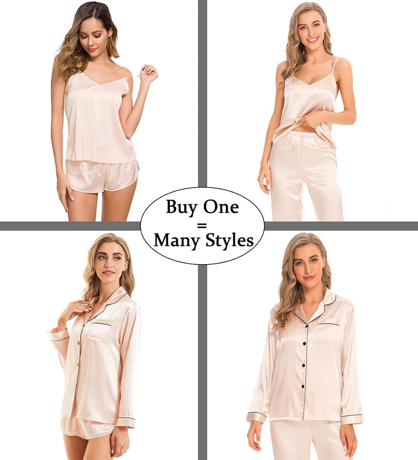 imageSWOMOG Womens Silky Satin Pajamas Long Sleeve Sleepwear 4 Pcs Loungewear