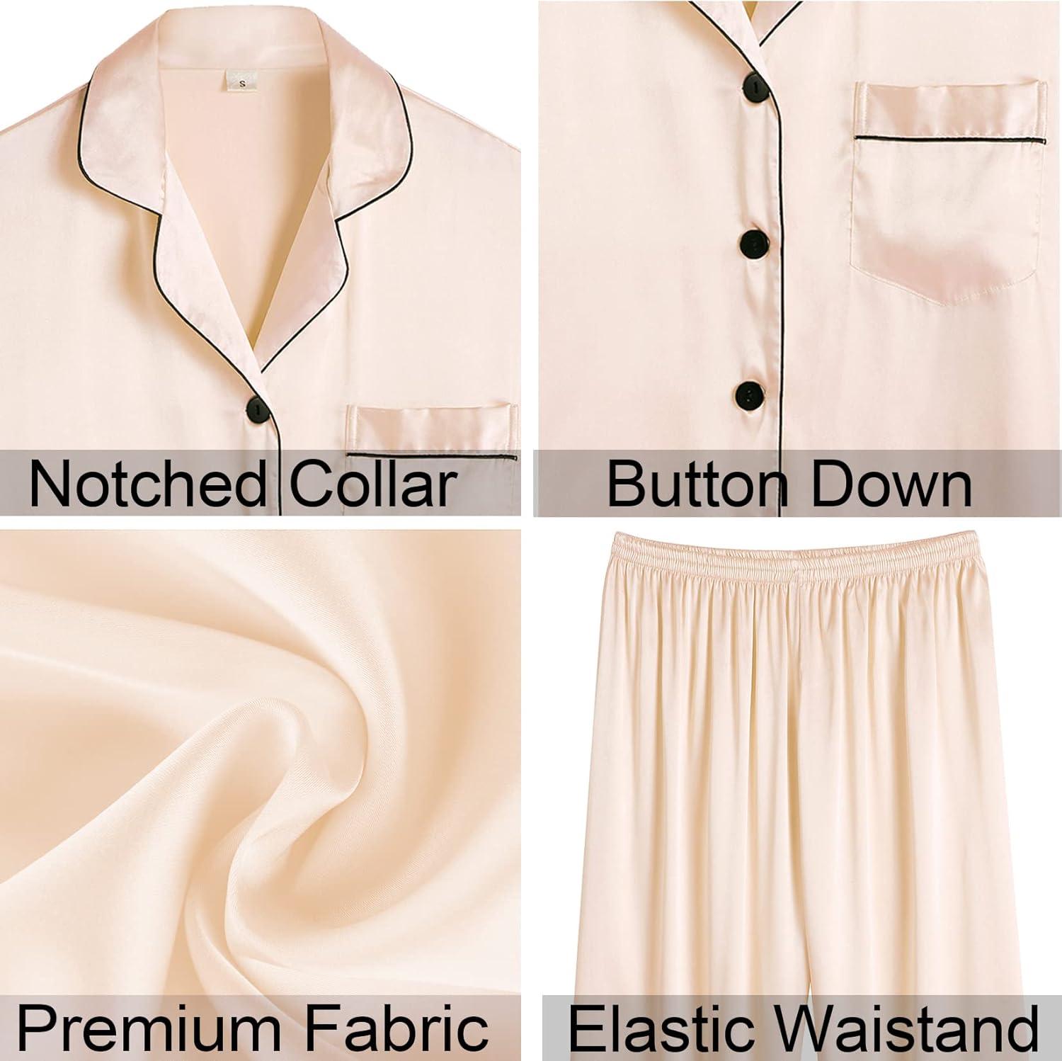 imageSWOMOG Womens Silky Satin Pajamas Long Sleeve Sleepwear 4 Pcs Loungewear
