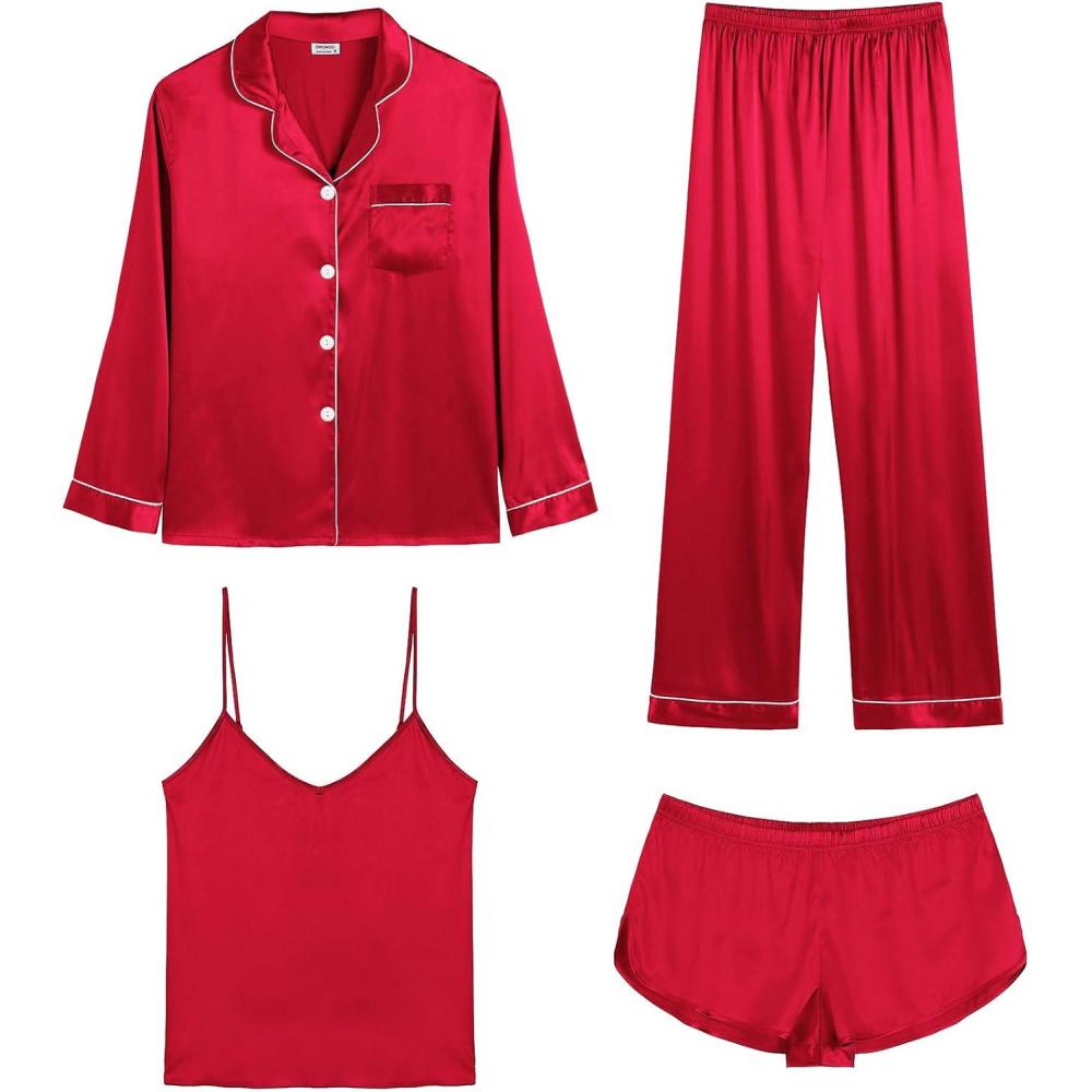 imageSWOMOG Womens 4pcs Pajamas Sets Silk Satin Pjs Sexy Cami Shorts Set Button Down Long Short Sleeve Sleepwear LoungewearChristmas Red