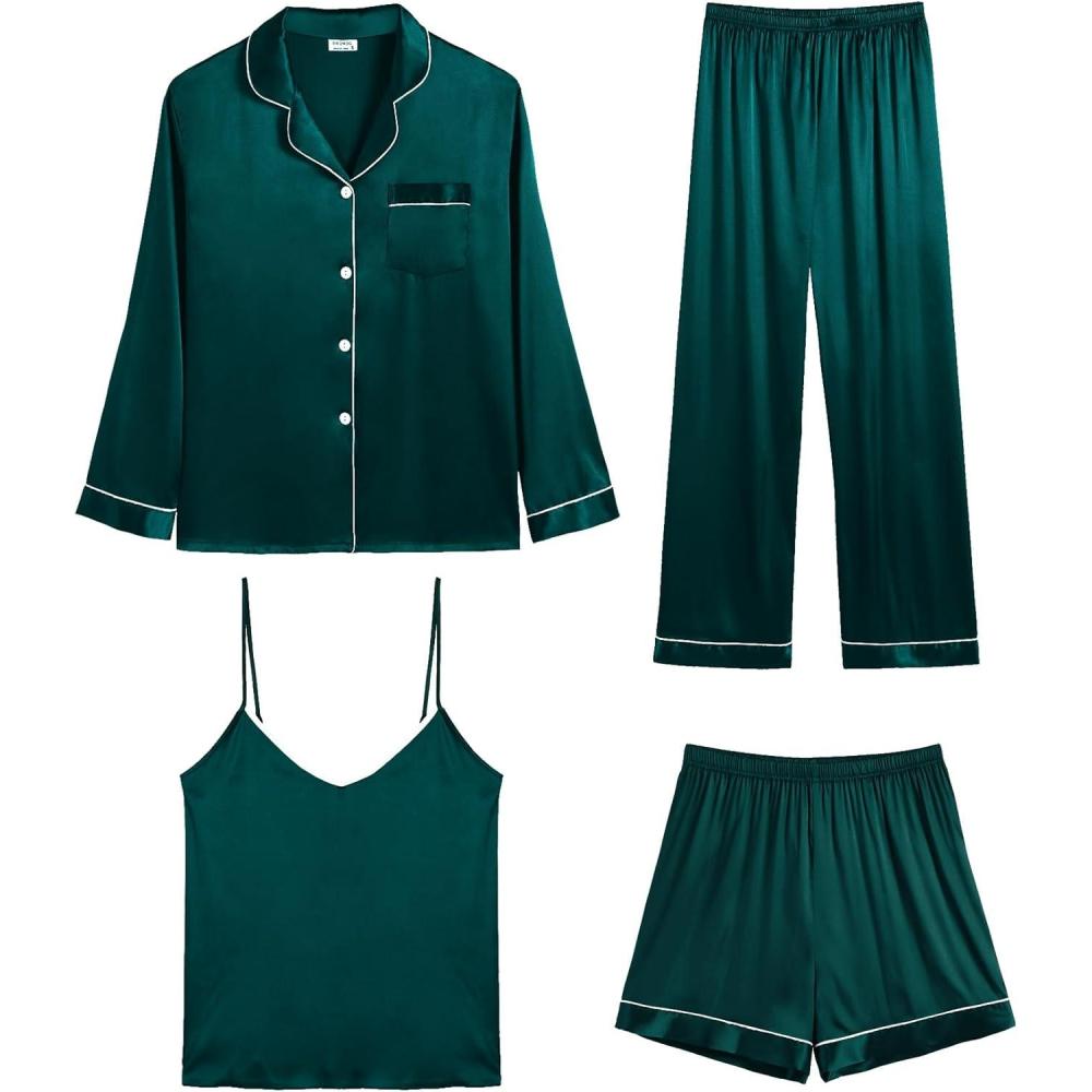 imageSWOMOG Womens 4pcs Pajamas Sets Silk Satin Pjs Sexy Cami Shorts Set Button Down Long Short Sleeve Sleepwear LoungewearDeep Green