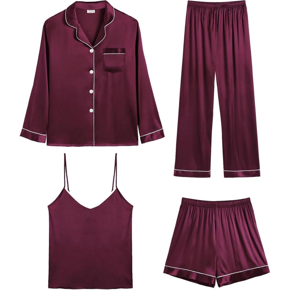imageSWOMOG Womens 4pcs Pajamas Sets Silk Satin Pjs Sexy Cami Shorts Set Button Down Long Short Sleeve Sleepwear LoungewearDeep Wine Red