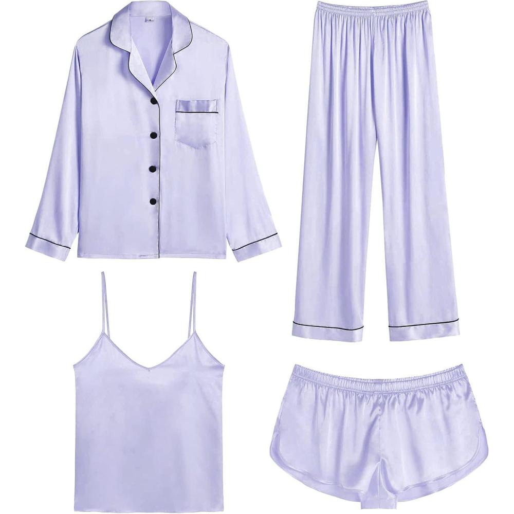 imageSWOMOG Womens 4pcs Pajamas Sets Silk Satin Pjs Sexy Cami Shorts Set Button Down Long Short Sleeve Sleepwear LoungewearLavender