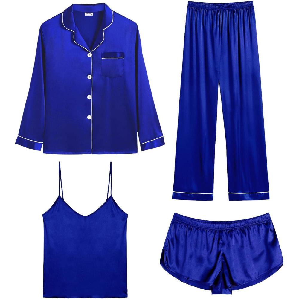 imageSWOMOG Womens 4pcs Pajamas Sets Silk Satin Pjs Sexy Cami Shorts Set Button Down Long Short Sleeve Sleepwear LoungewearLight Blue