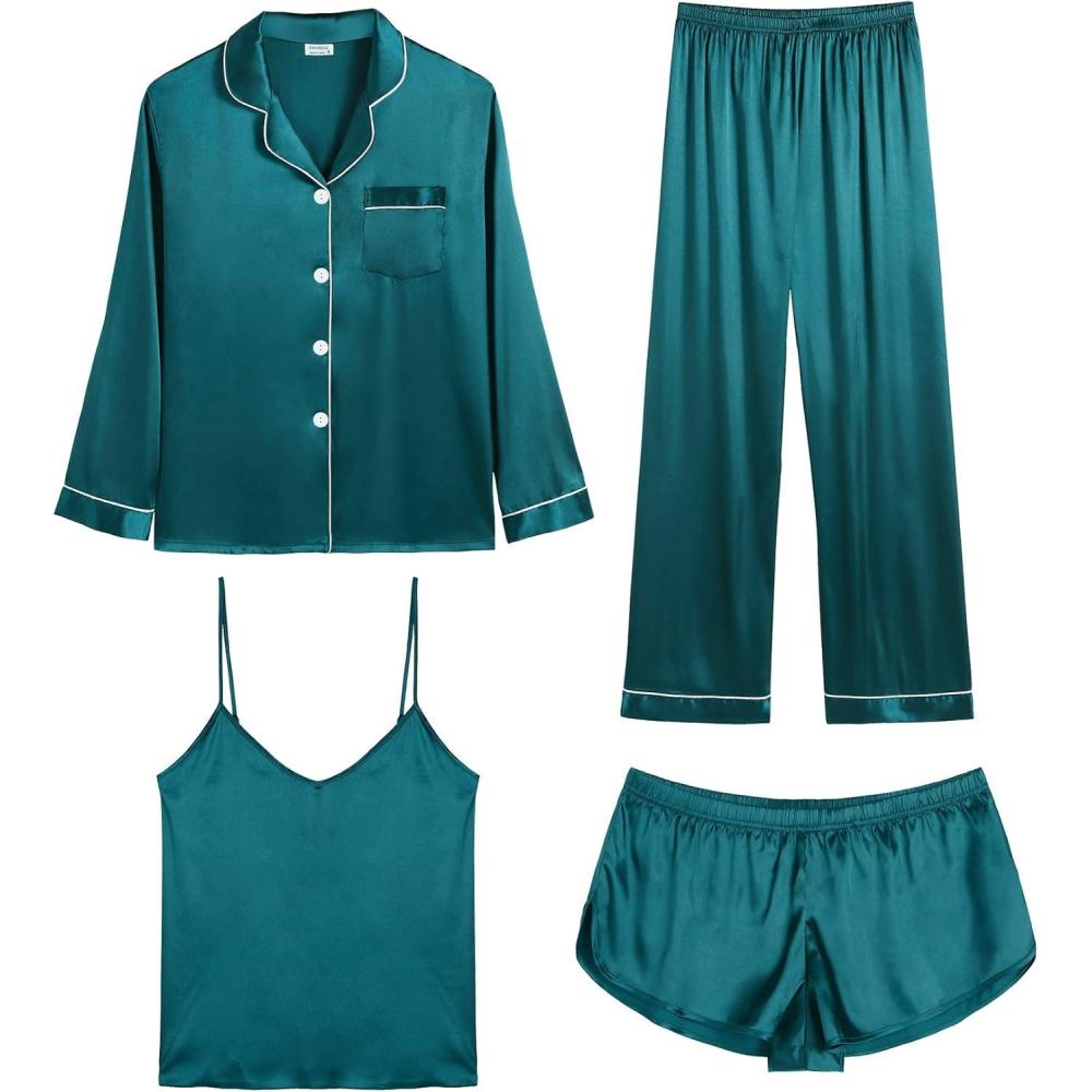 imageSWOMOG Womens 4pcs Pajamas Sets Silk Satin Pjs Sexy Cami Shorts Set Button Down Long Short Sleeve Sleepwear LoungewearLight Green