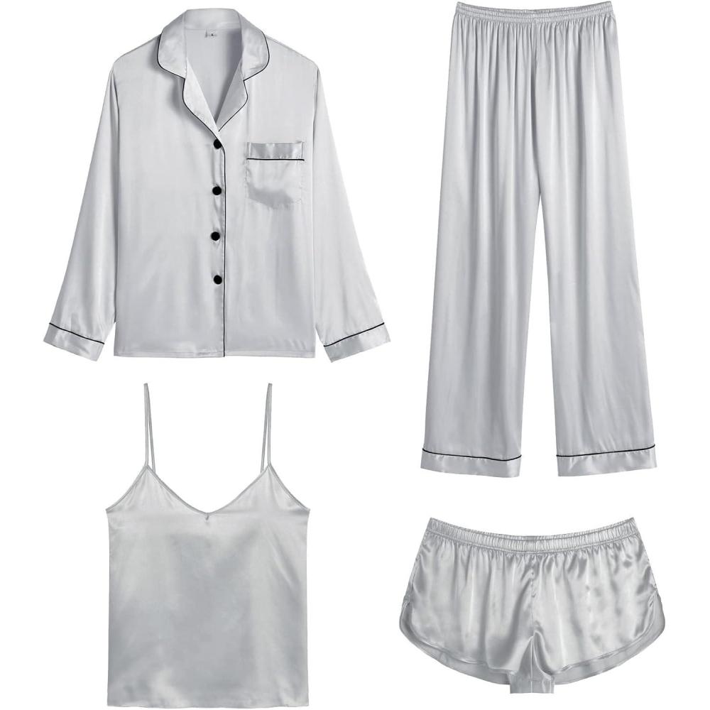 imageSWOMOG Womens 4pcs Pajamas Sets Silk Satin Pjs Sexy Cami Shorts Set Button Down Long Short Sleeve Sleepwear LoungewearLight Grey