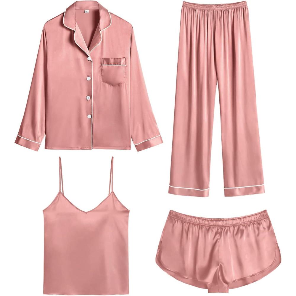imageSWOMOG Womens 4pcs Pajamas Sets Silk Satin Pjs Sexy Cami Shorts Set Button Down Long Short Sleeve Sleepwear LoungewearMisty Rose