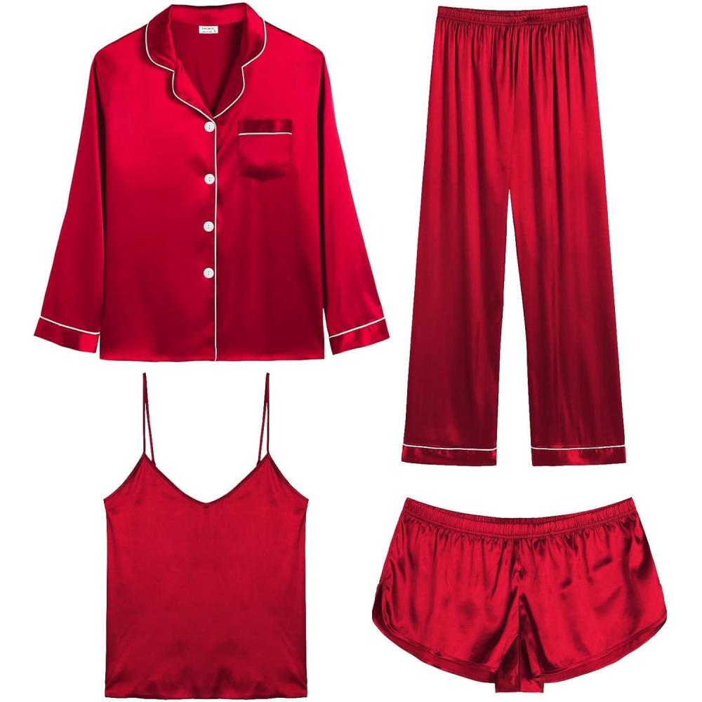 imageSWOMOG Womens 4pcs Pajamas Sets Silk Satin Pjs Sexy Cami Shorts Set Button Down Long Short Sleeve Sleepwear LoungewearRed