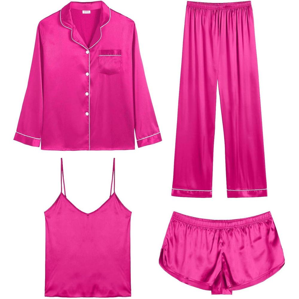 imageSWOMOG Womens 4pcs Pajamas Sets Silk Satin Pjs Sexy Cami Shorts Set Button Down Long Short Sleeve Sleepwear LoungewearRose Red