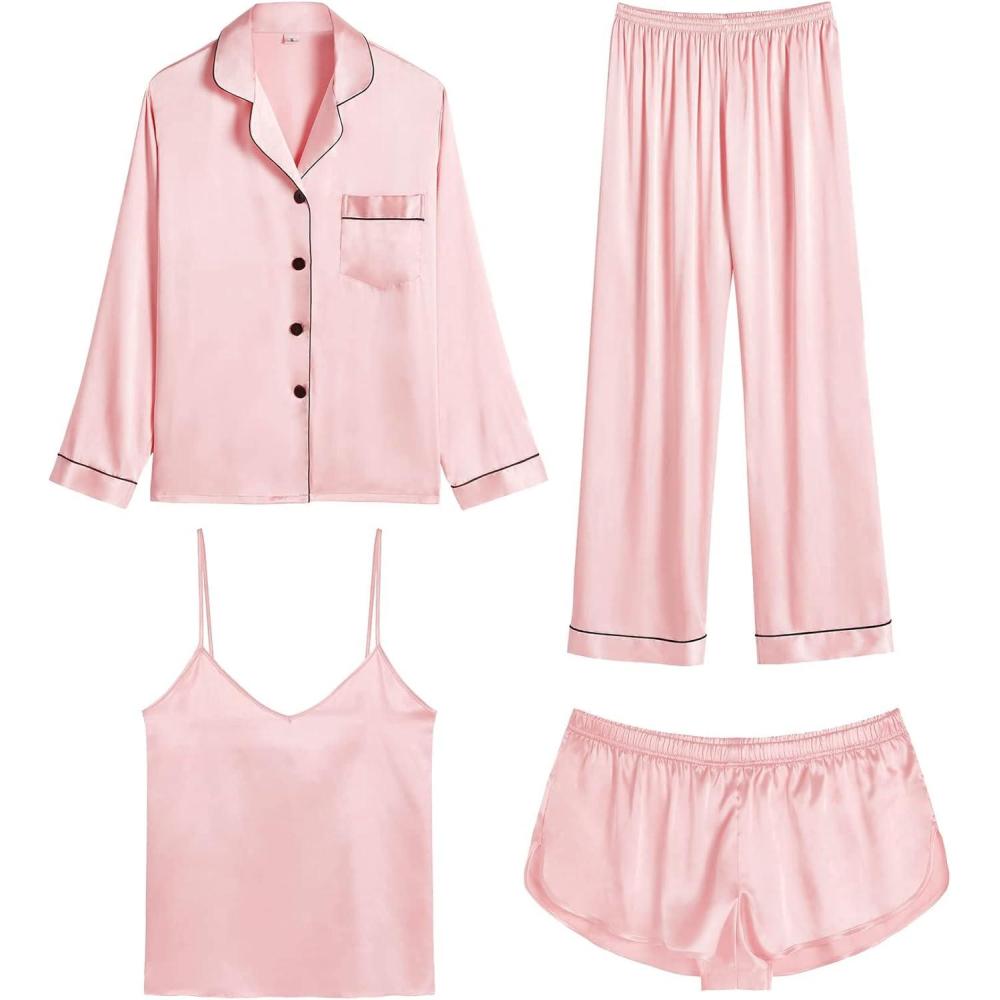 imageSWOMOG Womens 4pcs Pajamas Sets Silk Satin Pjs Sexy Cami Shorts Set Button Down Long Short Sleeve Sleepwear LoungewearSakura Pink