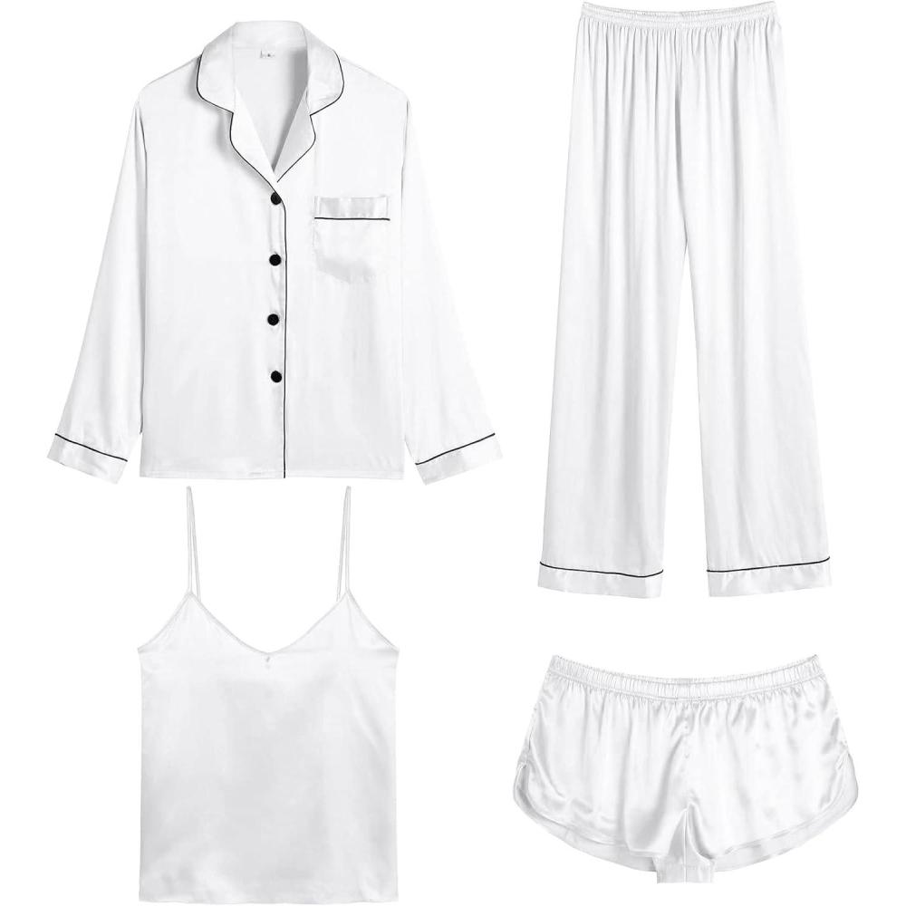 imageSWOMOG Womens 4pcs Pajamas Sets Silk Satin Pjs Sexy Cami Shorts Set Button Down Long Short Sleeve Sleepwear LoungewearWhite