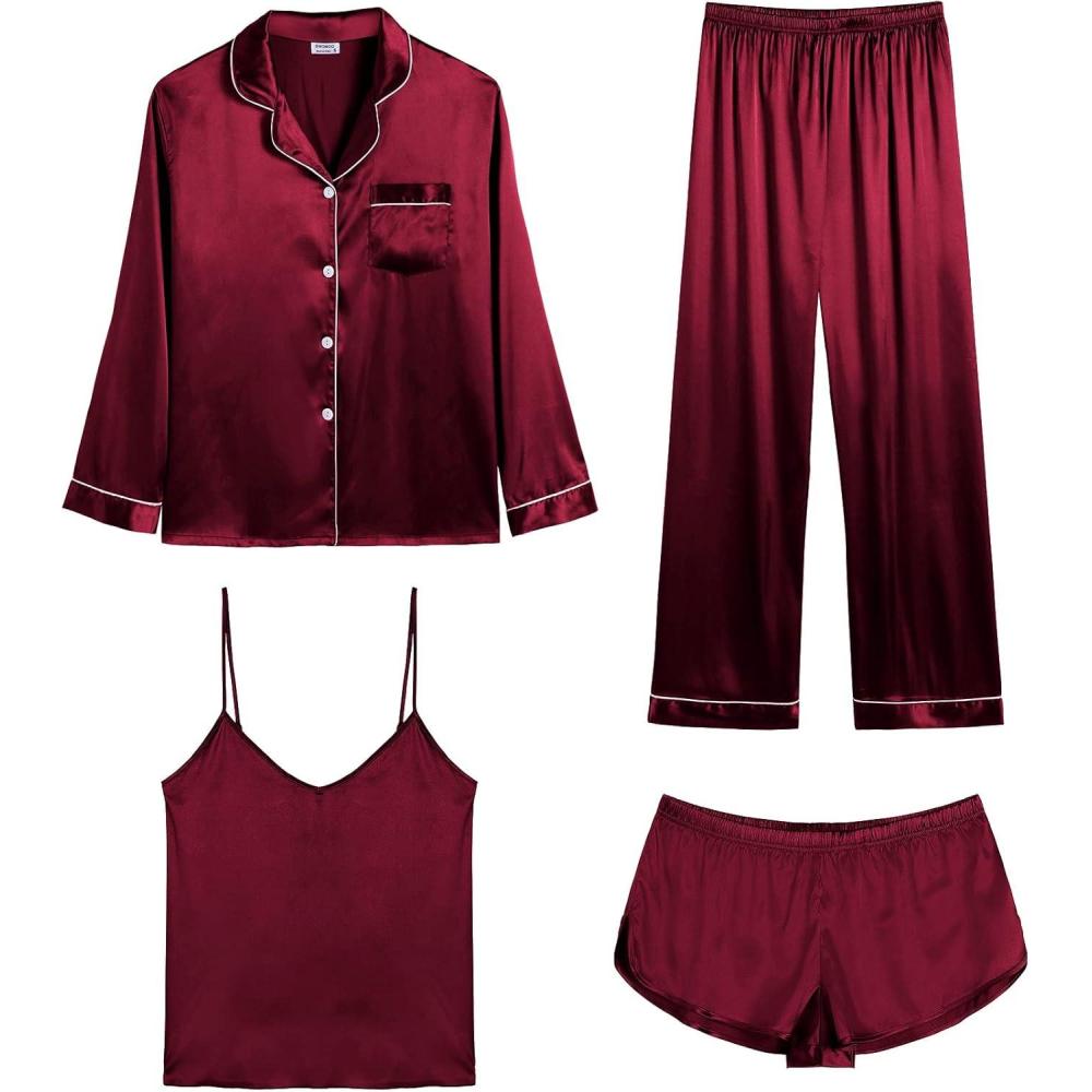 imageSWOMOG Womens 4pcs Pajamas Sets Silk Satin Pjs Sexy Cami Shorts Set Button Down Long Short Sleeve Sleepwear LoungewearWine Red