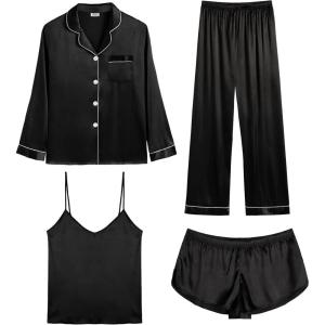 SWOMOG Womens 4pcs Pajamas Sets Silk Satin Pjs Sexy Cami Shorts Set Button Down Long Short Sleeve Sleepwear Loungewear(Black)