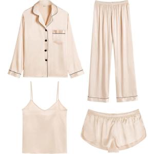 SWOMOG Womens 4pcs Pajamas Sets Silk Satin Pjs Sexy Cami Shorts Set Button Down Long Short Sleeve Sleepwear Loungewear(Champagne)