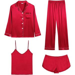 SWOMOG Womens 4pcs Pajamas Sets Silk Satin Pjs Sexy Cami Shorts Set Button Down Long Short Sleeve Sleepwear Loungewear(Christmas Red)