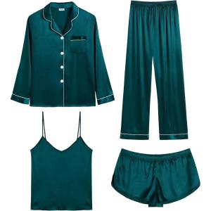 SWOMOG Womens 4pcs Pajamas Sets Silk Satin Pjs Sexy Cami Shorts Set Button Down Long Short Sleeve Sleepwear Loungewear(Dark Green)