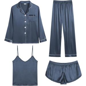 SWOMOG Womens 4pcs Pajamas Sets Silk Satin Pjs Sexy Cami Shorts Set Button Down Long Short Sleeve Sleepwear Loungewear(Deep Grey)