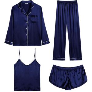 SWOMOG Womens 4pcs Pajamas Sets Silk Satin Pjs Sexy Cami Shorts Set Button Down Long Short Sleeve Sleepwear Loungewear(Deep Navy Blue)